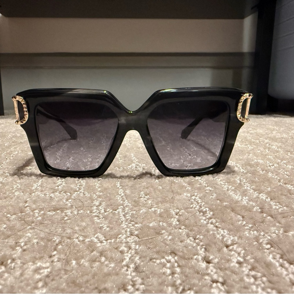 Valentino Black Square Sunglasses with Gold Accents